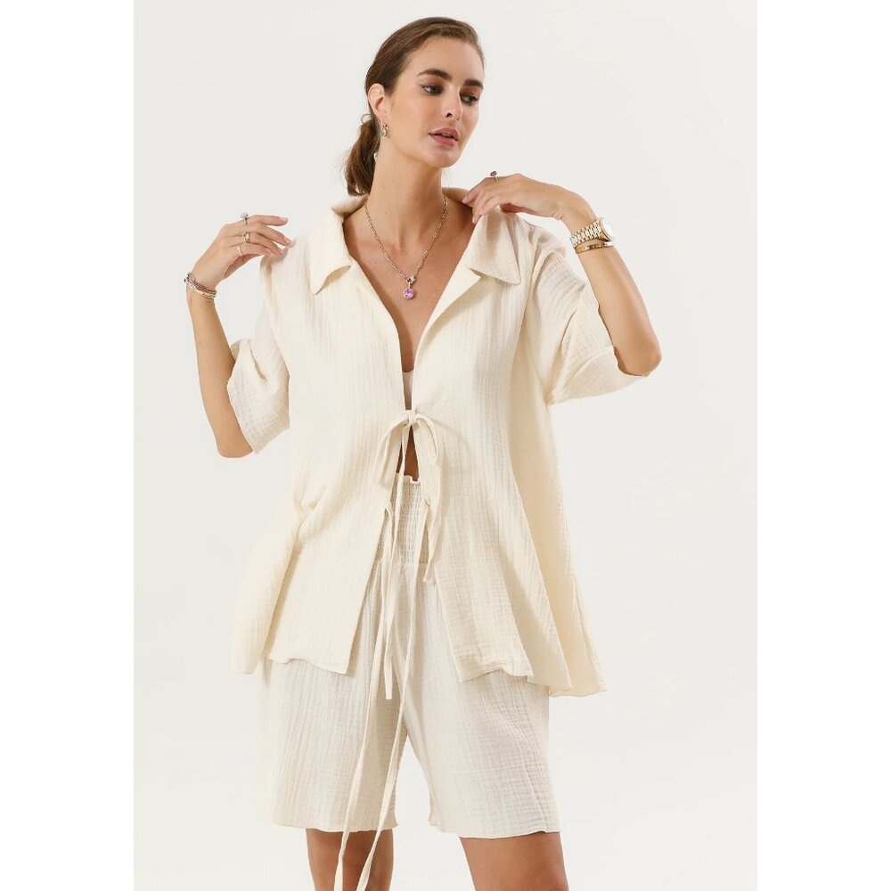 NWT Nothing Fits But, Muslin Nursing Top & Shorts Set, Eggshell White, Size S/M